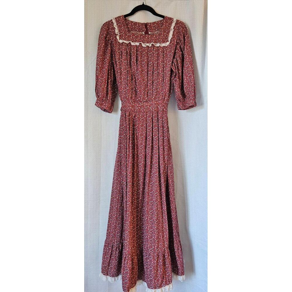 Womens Maxi Dress Size 12/14 Red Rust Floral 1970s Prairie Lace Trim
